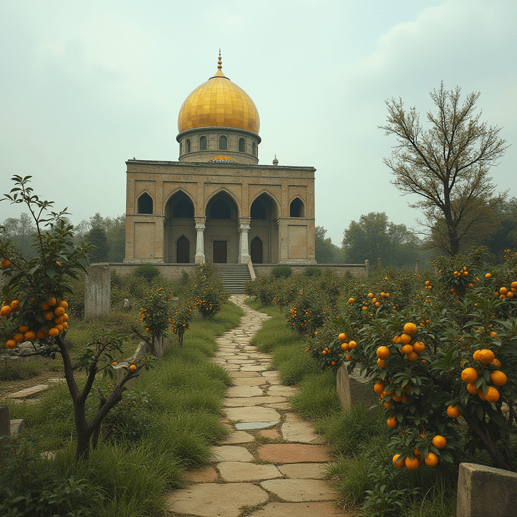 A beautiful building with a golden dome surrounded by lush orange groves and a stone path.