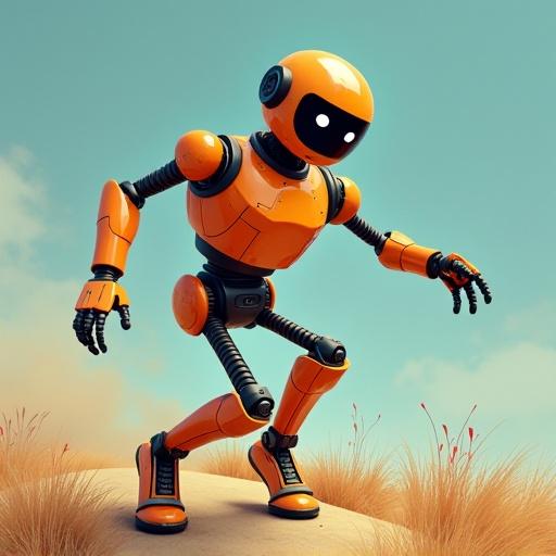 An orange robot in a dancing pose on a sandy surface. The background features a clear blue sky. The robot has a friendly appearance and is in a playful stance.