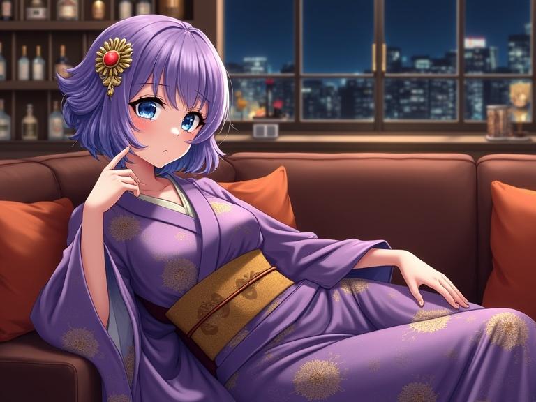 Anime style illustration of a woman with short purple hair and blue eyes. She wears a purple kimono featuring gold floral patterns and a gold obi. An ornate gold hairpin decorates her hair. She reclines on a brown sofa with orange cushions. The background shows a cozy bar or lounge at night with city lights visible through a window.