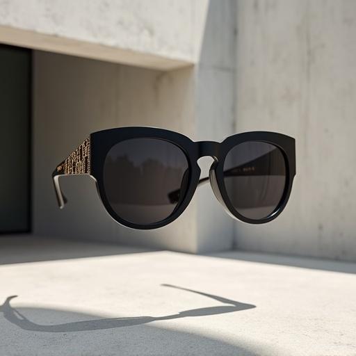 A photograph showcasing Gucci round sunglasses suspended in mid-air. Stylish matte black frame with asymmetric curves. Subtle gold logos and engraved patterns along arms. Large dark gradient lenses. Smooth concrete textures in the modern architecture backdrop. Soft shadows and sleek lines create a minimalist aesthetic. Gentle diffused lighting enhances luxurious feel and sophisticated style.