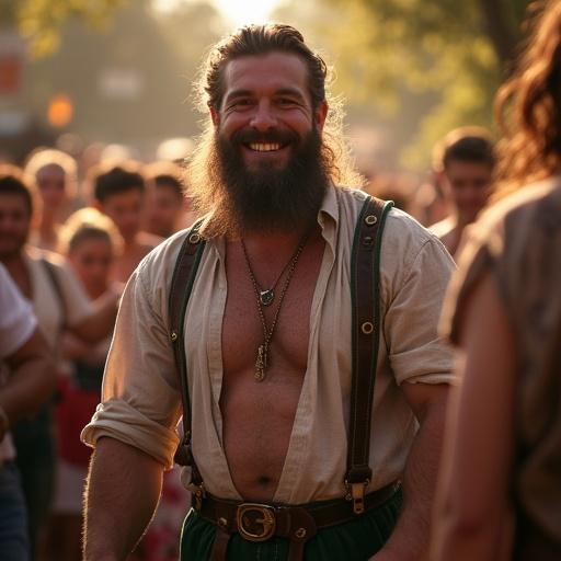 A stout, muscular man with a belly, long dark blonde hair, and a full beard wears lederhosen at Oktoberfest. Full body representation in a lively festival crowd.