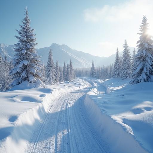 High quality cinematic environment featuring a snowy landscape with a winding path. Clear blue sky over evergreen trees covered in snow. Ideal for a wintery scene.