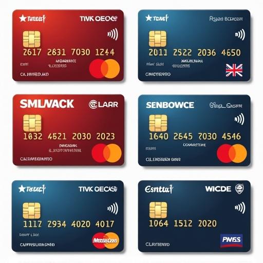 Credit cards from various banks in the United States displayed in a grid format. Each card features unique designs and colors. Ideal for financial service applications.