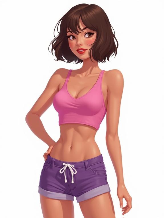 A teenage girl wearing a pink crop top and purple shorts stands confidently against a white background. She has brown bob hair, brown eyes, and freckles. The artistic style is pinup and resembles the Archer TV Series.