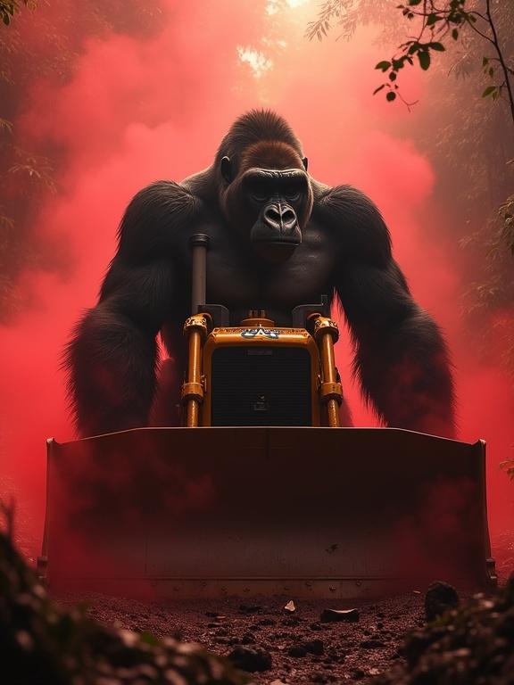 A large silverback gorilla pushes against the front blade of a CAT D8 bulldozer in a dark crimson jungle. Red fog and smoke swirl around. Sunlight filters through the trees, highlighting the gorilla's muscles and machinery.