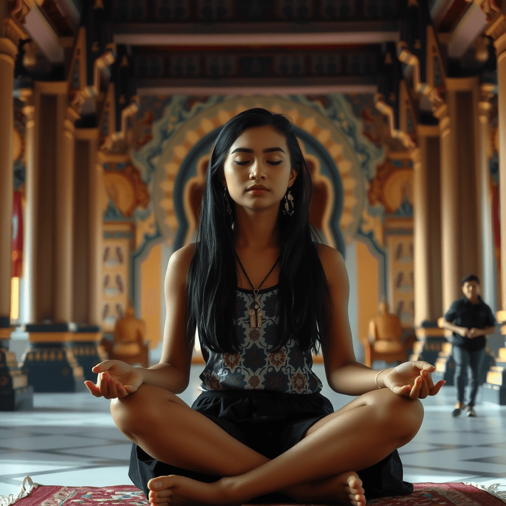 A woman meditates peacefully in an ornately decorated temple.