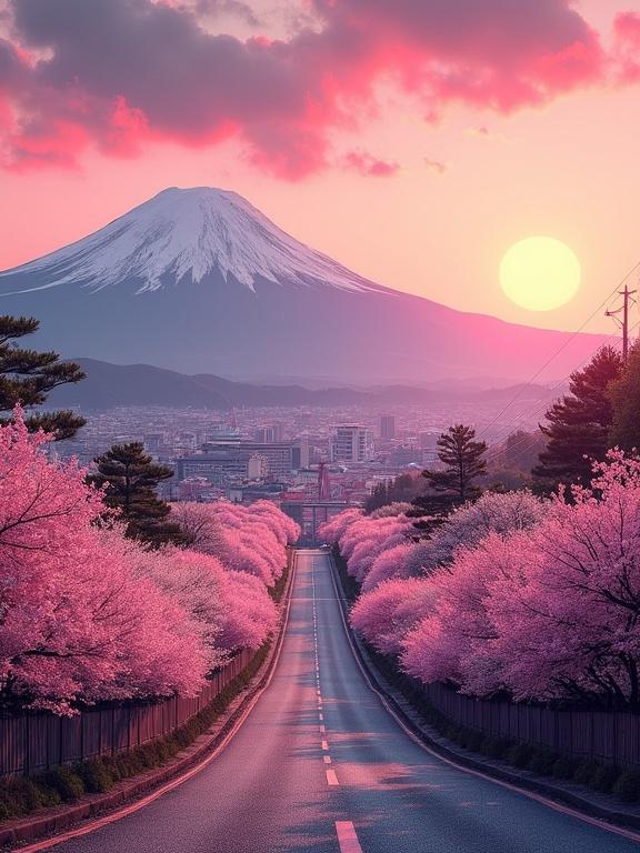 Panoramic view of a Japanese city with Mount Fuji in the background. Ground covered with cherry blossoms. Sunrise scene. Pathway of red Torii gates.
