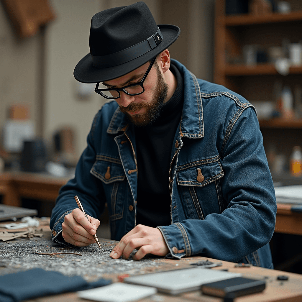 A man wearing a hat and glasses focuses on his work at a table.