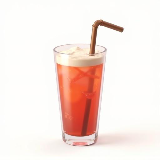 A drink designed in a 3D cartoon style against a clean white background. The drink has ice cubes and a brown straw.