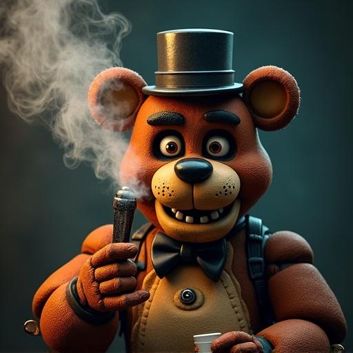 A cartoon bear character dressed in a formal outfit holds a smoking pipe. The character is styled in a whimsical way with a playful and inviting expression. The background has a warm and cozy atmosphere.