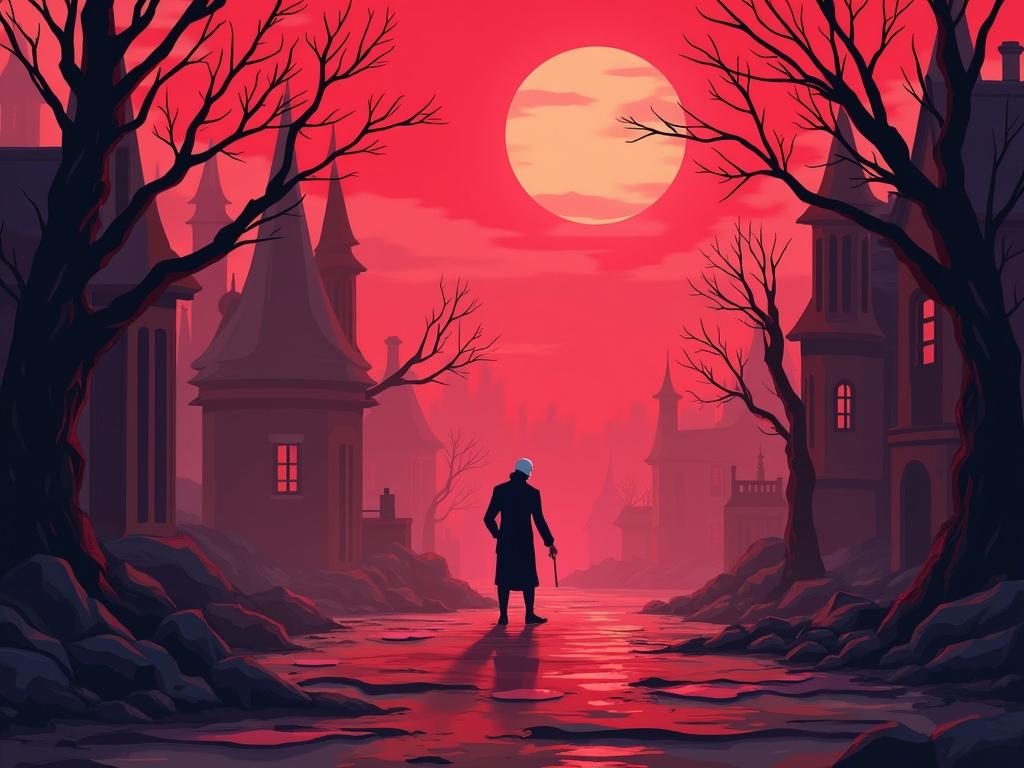 A dramatic atmospheric background image with red and pink tones. Figures are absent. A solitary character stands amid an eerie landscape of Gothic buildings and bare trees. The scene echoes the essence of Nosferatu, blending elements of animation and paper sculpture styles to create a haunting ambiance.