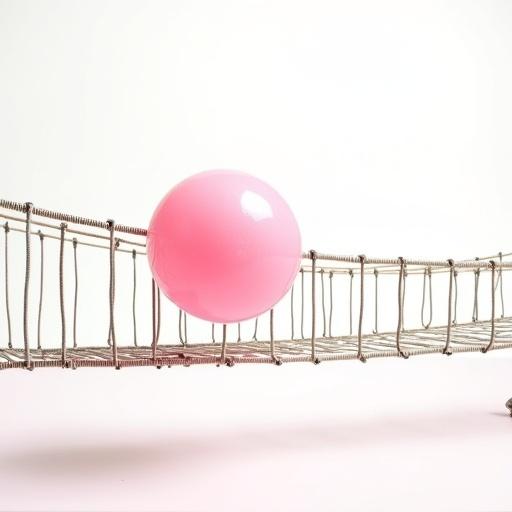 Surreal representation of a wire bridge. A large pink sphere positioned on the bridge. The background is bright white, creating a minimalistic feel.