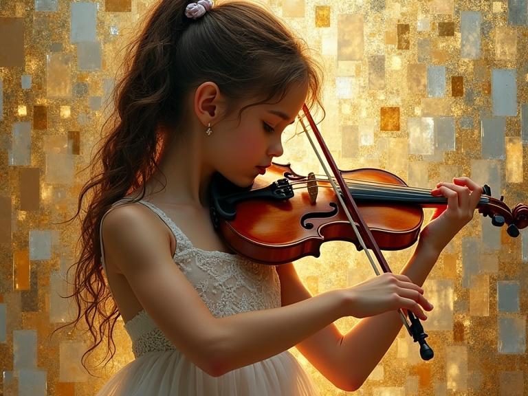 Little girl in a white dress plays the violin. Background features shiny broken glass patterns. Style inspired by Berthe Morisot and Klimt. Close-up view focusing on the violin and girl’s pose.