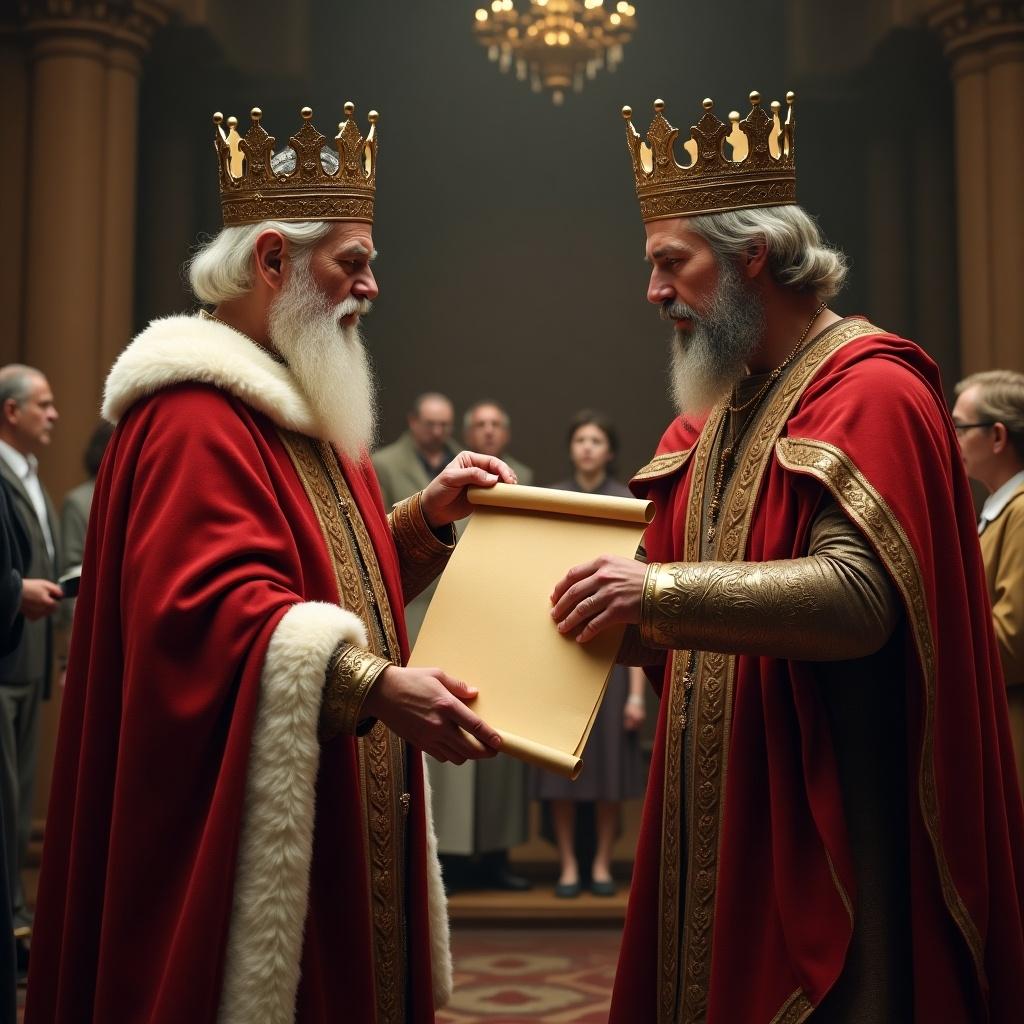 Two kings wearing crowns engage in a formal scene. One king hands over a royal scroll to another figure. The setting features an elegantly adorned chamber. Attendees in the background observe with intent expressions. Soft lighting enhances the regal atmosphere.