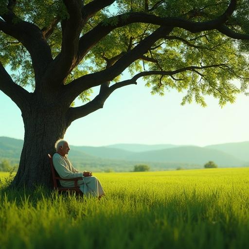 Elderly man sitting on a chair under a large tree in a green field. Simple, traditional clothing. Calm and serene expression. Warm sunlight filtering through tree leaves. Dappled shadows on the ground. Off-center composition. Vast green landscape with soft blue sky in the background.