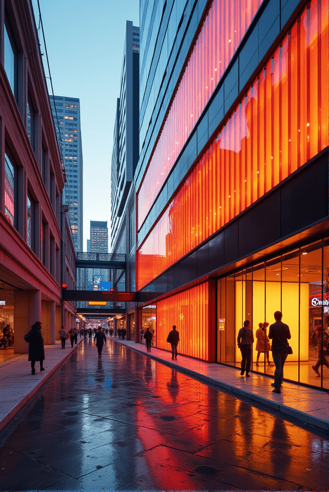 A city street at dusk with reflective buildings and people walking.