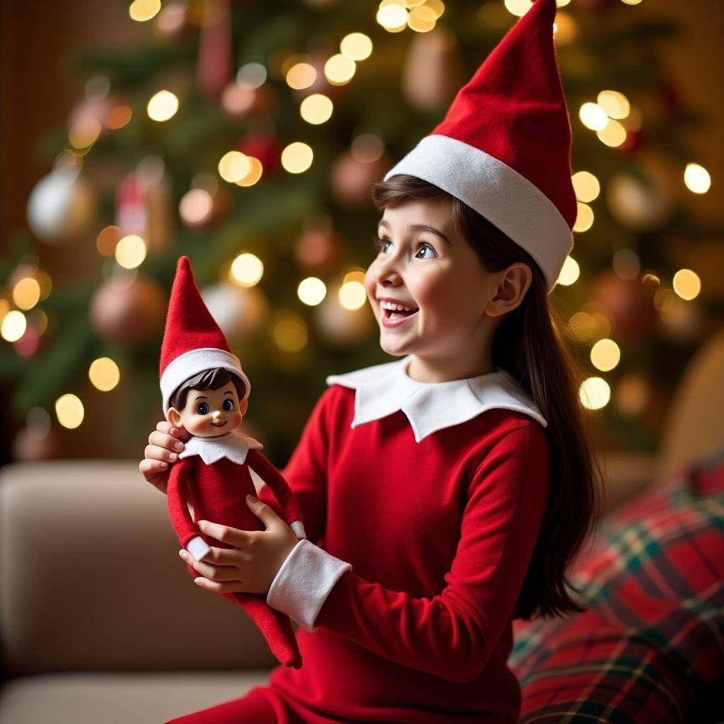 Cheerful child dressed in a red elf outfit holding a mini elf doll. Indoor setting with Christmas tree in the background. Child expresses excitement about upcoming baby.