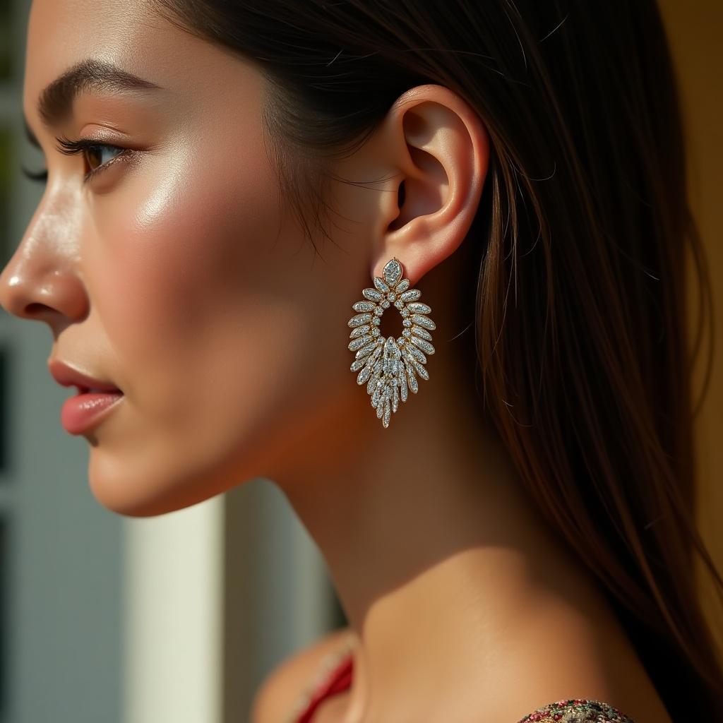 Close-up view of a model showcasing elegant earrings. Model has a neutral expression. Earring design is intricate and eye-catching.