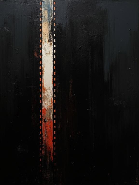 Digital oil painting with a black background. Features harsh paint strokes. Shows corroded and unfinished artistic elements. Flat colors with a dynamic silhouette design. Minimalist style highlights voids shaped like film negatives. Shadows and edges resemble film strips.