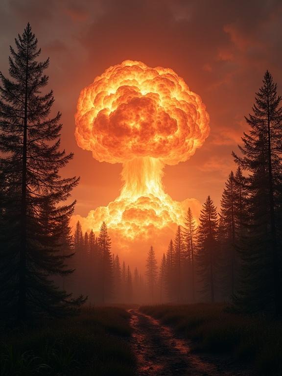 Dramatic ultra-detailed scene of a dark forest with a massive explosion in the distance. Visible shockwave distorting the air. Bright light from the blast illuminates the forest, creating contrasts with shadows. Scene depicts trees and vegetation affected by the light. Rich colors of the explosion contrast with dark earthy forest tones.