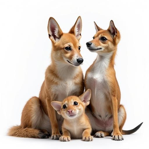 Three dogs sit on a white background. Mother dog and her two puppies look at the camera. They have tan and light brown fur with alert expressions. The setting is minimalistic with focus on the dogs. Their ears are upright, and one puppy is at the center. The image conveys warmth and affection.