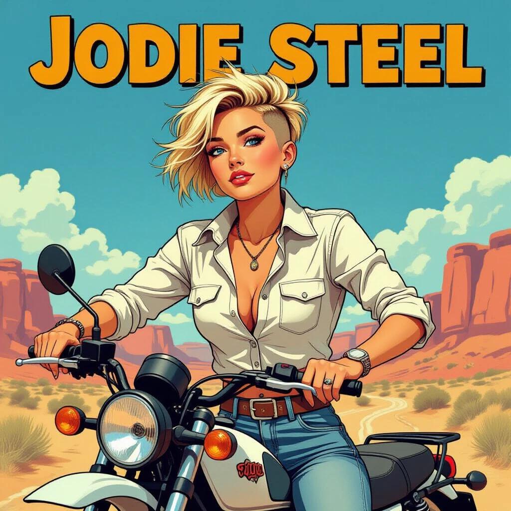 Comic-style artwork featuring a young woman on an offroad motorcycle. Strong contour lines with photorealistic colors. The character has tousled straw-blonde hair with a punk-style cut. She wears a knotted white shirt and ripped denim shorts. Energetic gaze directed into the distance. Background includes a desert landscape with mountains.