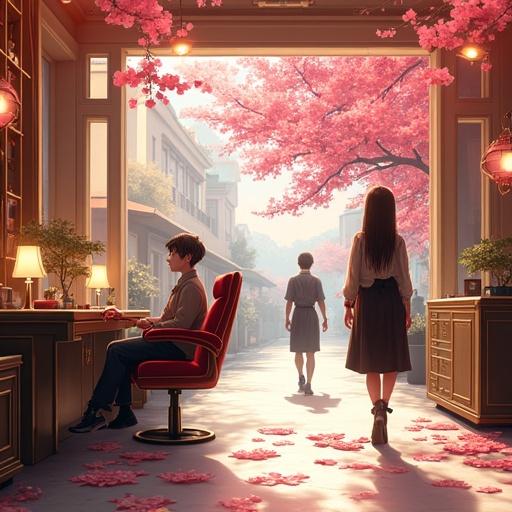 Futuristic luxurious hair and nail salon interior. Morning light filters through cherry blossom trees. Visitors dressed in stylish outfits stroll by. Rich textures and vibrant colors create an inviting atmosphere.