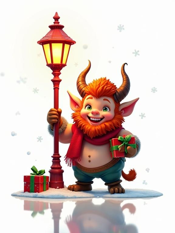 Chibi style satyr with ginger hair and beard wearing a red scarf. Standing next to a Victorian street lamp. Holding festively wrapped gifts. Surrounded by snow and snowflakes. Bright, high-key lighting. Pure white background