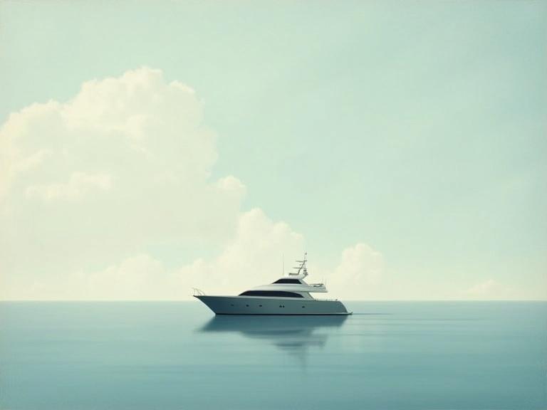 Surreal side view of a yacht floating on calm water. Designed in the style of René Magritte. Yacht is centered with clean lines and a muted color palette. Background is an open sky with soft, overcast clouds. Atmosphere is mysterious and minimalist.