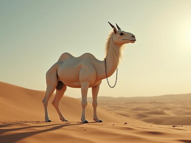 A white ophanim-like creature stands in a desert landscape. The dunes are soft and golden. The creature has a human-like body with a camel-like face and long hair. The sun casts a warm glow. A chain hangs from its neck.