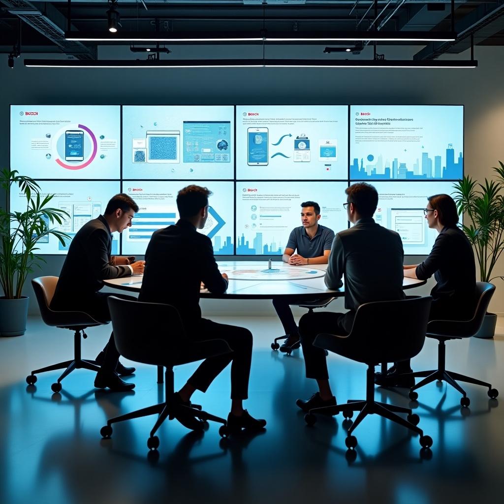 A corporate meeting setting with participants discussing software and technology solutions at a table. Multiple large screens displaying data and graphs in the background.