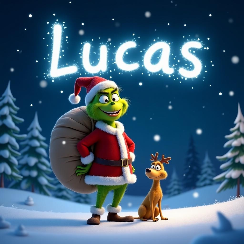 A Pixar themed Grinch stands in a snowy landscape. He writes the name Lucas in the night sky with magical light. He wears a red suit with white trim and carries a sack on his back. His companion Max smiles nearby. The background has a starry night sky with sparkling stars. Snowflakes fall, creating a festive atmosphere. Pine trees are in the distance.