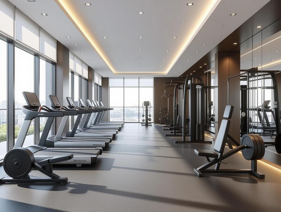 Ultra-modern luxury indoor gym equipped with high-end machines. Open-plan layout features floor-to-ceiling windows. Premium machines like treadmills and ellipticals in neat arrangement. Matte black and brushed metal finishes on the equipment. Seamless rubberized flooring enhances sophistication. Large wall mirrors reflect clean lines. Ambient lighting enhances the atmosphere. Neutral color palette with wood and stone touches. Natural daylight fills the space. Photorealistic 8k rendering shows clean and elegant gym.