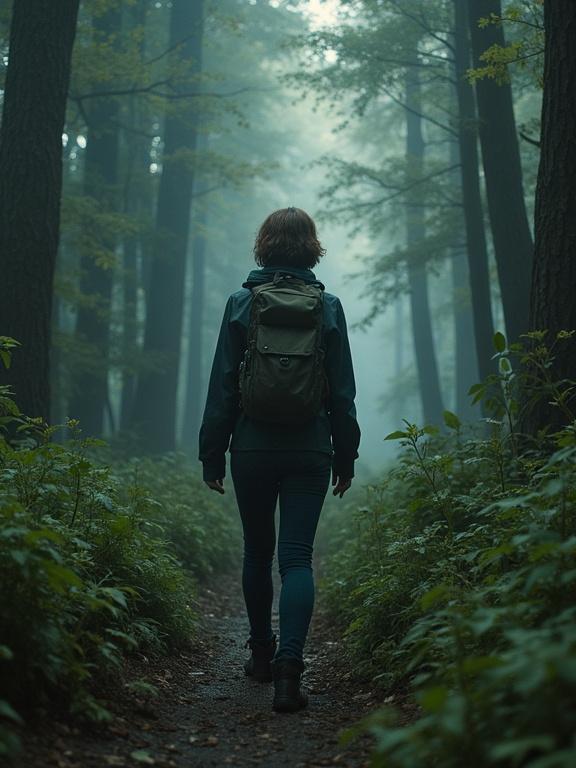 A person walking on a forest path surrounded by trees. The atmosphere is misty and calm. The figure has a backpack and wears outdoor clothing. The scene evokes a sense of adventure and solitude.