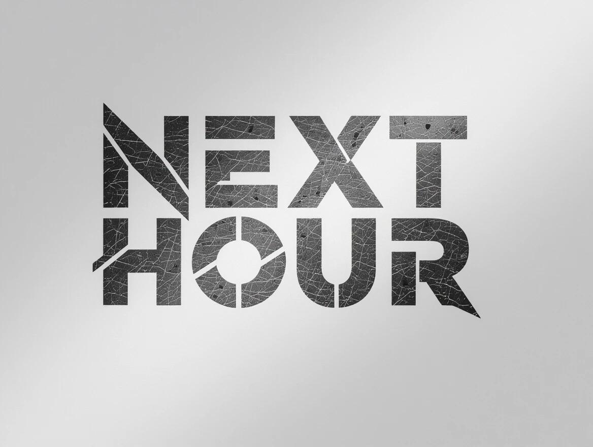 Logo design featuring the text Next Hour. The design is industrial and modern. Typography is straight and strong. The letters are bold and metallic. The logo embodies a metalcore theme.