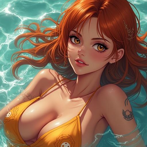 Character in a swimming pool. Appears joyful and confident. Features long orange hair with a playful expression. Wearing a stylish yellow bikini. Surrounded by sparkling water.