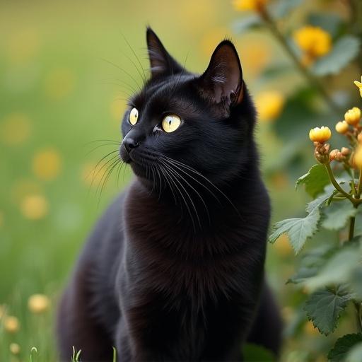 Black cat sits in nature looking towards something in the grass.