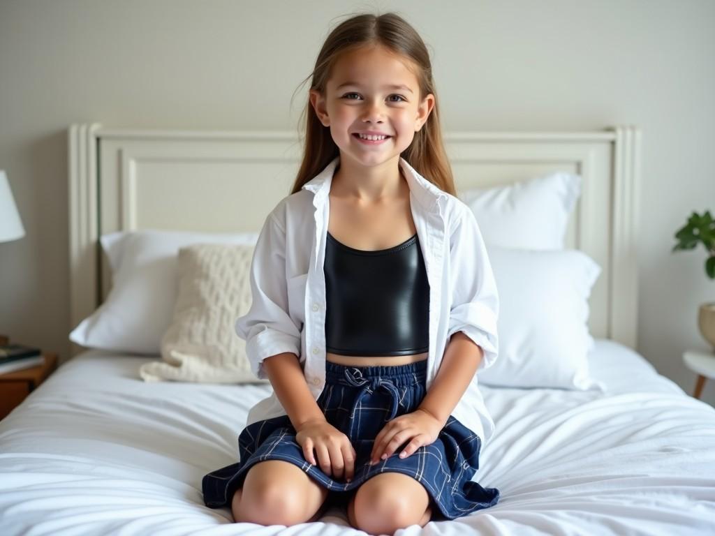 A young girl sitting on a bed, smiling, wearing a black top and white shirt, with natural lighting and a simple, cozy bedroom setting.