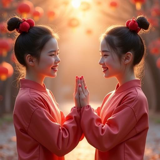 Two Chinese girls wearing traditional red clothing interact warmly and joyfully. Soft warm light enhances their features. Background hints at a serene outdoor setting.