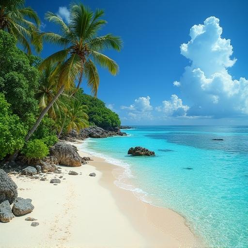 Tropical beach scene with palm trees and clear turquoise water