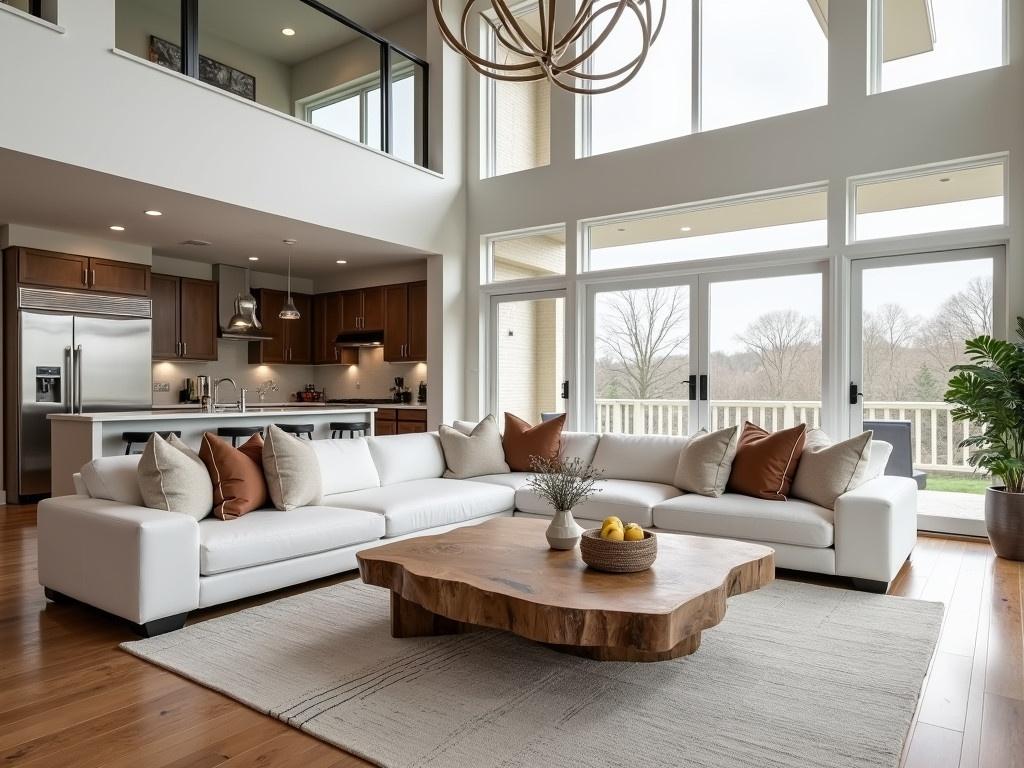 The image shows a bright, spacious living room with modern decor. A large, white sectional sofa occupies the right side of the room, adorned with various brown and white cushions for comfort. In the center of the room, there is a unique, natural wood coffee table that adds a rustic touch to the elegant space. Behind the sofa, expansive glass windows allow natural light to flood the room, highlighting the rich wooden flooring. To the left, there's a sleek kitchen visible with a modern refrigerator and stylish cabinetry, creating a cohesive open floor plan. The high ceiling features a contemporary chandelier, enhancing the room's aesthetic appeal.