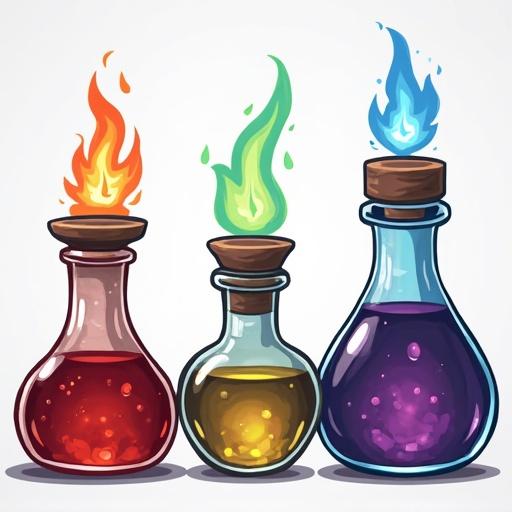 Icon of three magic potions each with unique colors and flames. Style inspired by fantasy gaming. Transparent background.