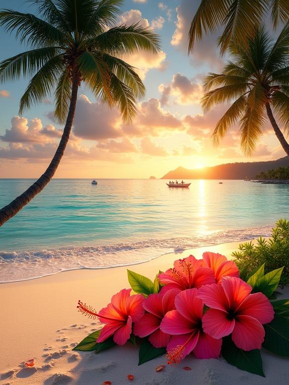 Tropical beach scene during sunset with vibrant flowers as focal point. Flowers are large and colorful with glossy leaves. Sandy shore meets calm ocean water. Water reflects sunset colors, and palm trees frame the scene. Small boat is visible on the horizon with distant island outlines. Warm atmosphere with fluffy clouds in the sky.