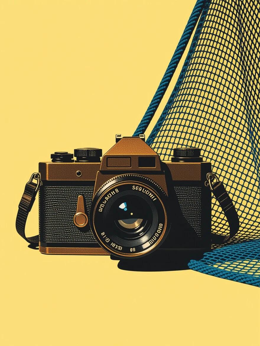 Minimalistic silhouette film poster features an old brown camera with a swimming pool cleaning net. The design is abstract and showcases interesting textures. The color scheme includes blue and yellow lighting, maintaining a minimal aesthetic.