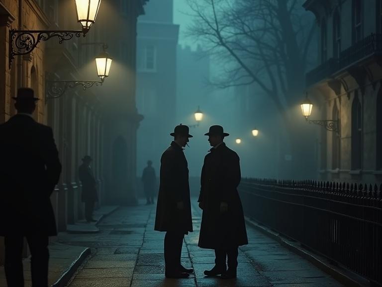 A foggy Victorian London street at night with gas lamps and dim lighting. Sherlock Holmes and Dr. Watson in period attire stand by a carved wooden box. A dark figure lurks in the shadows. A moody and suspenseful atmosphere with hints of colonial Indian designs.