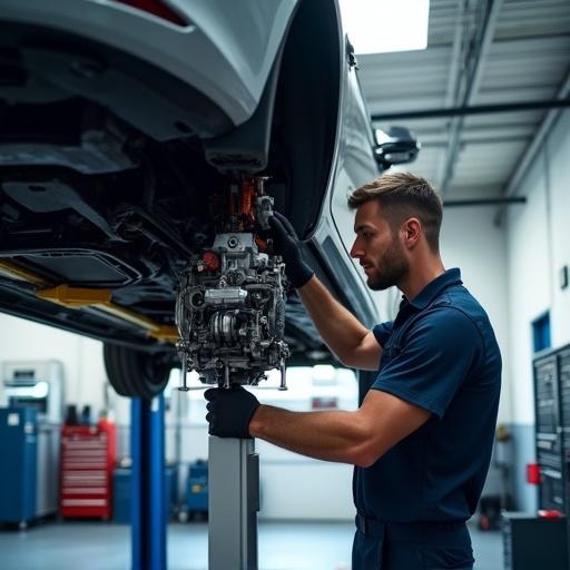 Realistic image of mechanic working under modern car on hydraulic lift. Focus on gearbox repair with visible tools and components. Garage has organized tool cabinets and good lighting. Mechanic in uniform with gloves emphasizes technical precision and reliability.