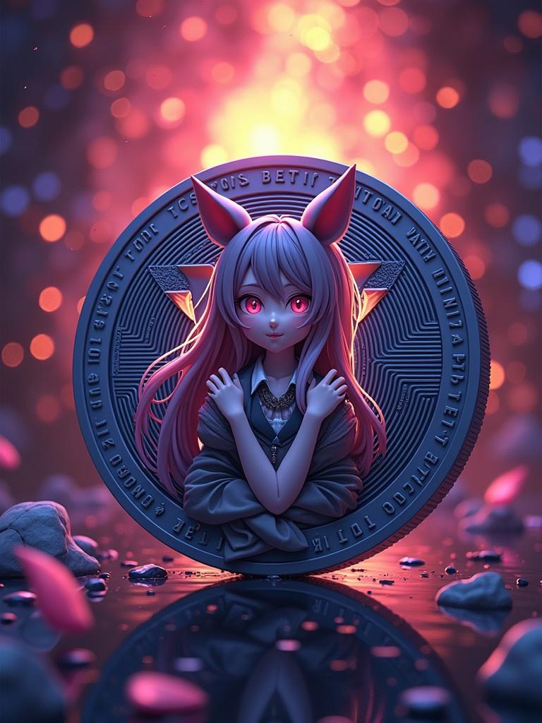 A cryptocurrency coin with an anime figure prominently displayed at the center. The figure features pink hair and a dynamic pose. The background is filled with captivating bokeh lights that enhance the overall aesthetic.