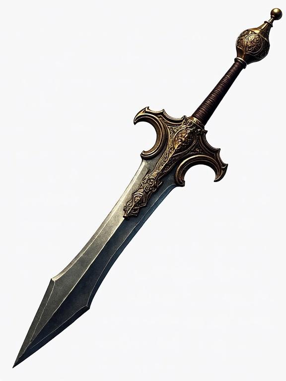 Ornate realistic style sword designed as a game asset. Icon style for ARPG use. Transparent background with no additional elements.