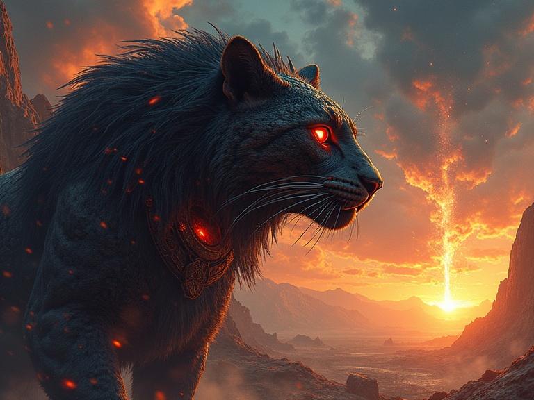 Imagery of an evolved Aztec Empire with colossal jaguar hybrids. These sacred monarchs are fused with divine AI. They guide humans through portals into underworlds, ruling from obsidian starships. Their eyes pulse with cosmic flame, representing power measured by the soul's journey.