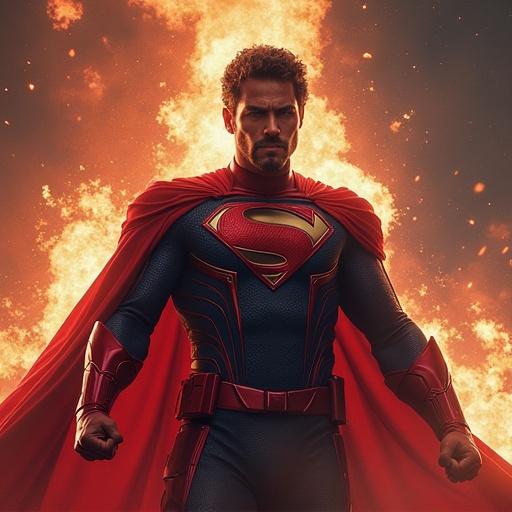 Superhero figure with a powerful stance. Costume is predominantly red and black. Flames surround the figure creating a dramatic effect. Heroic imagery evokes feelings of power and adventure.